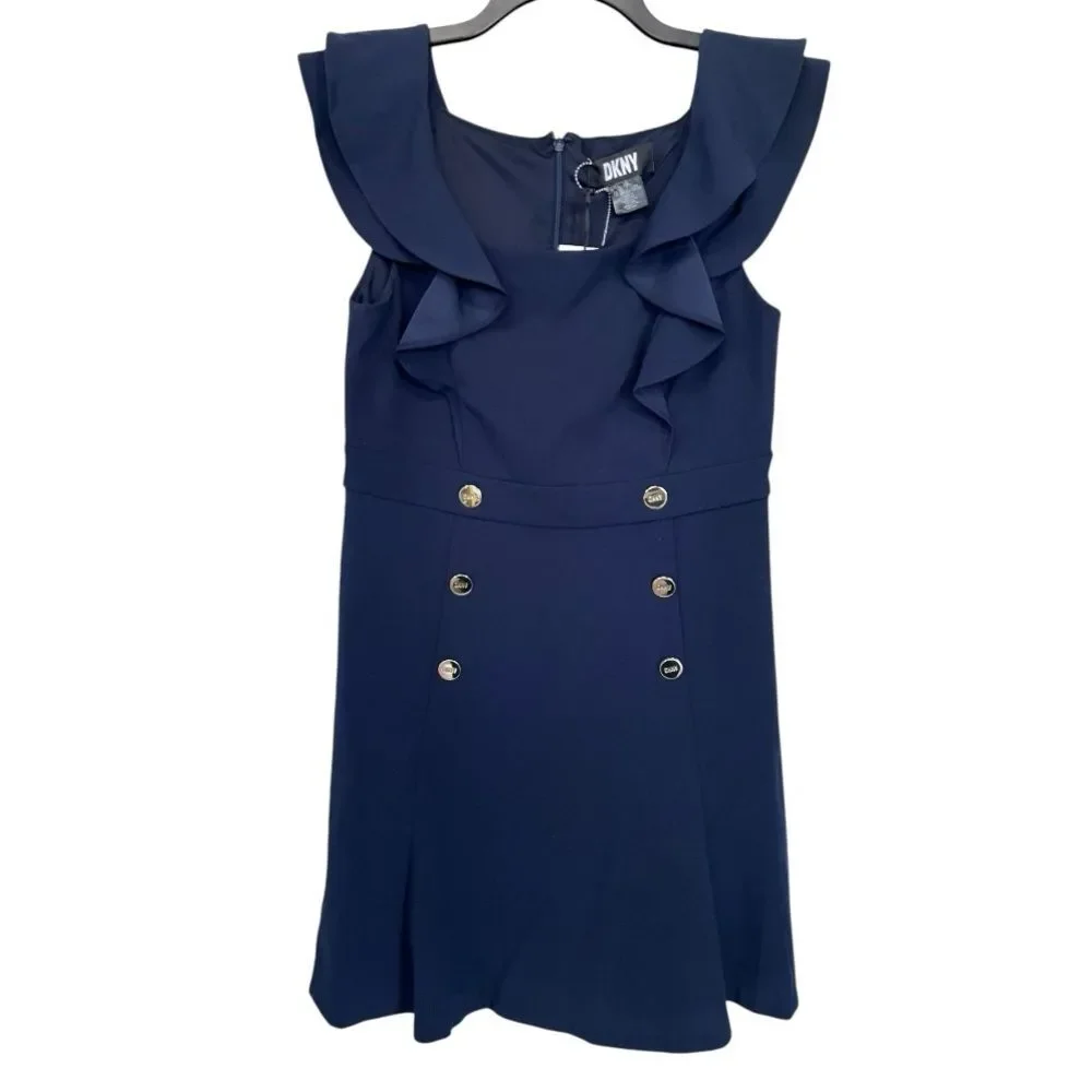 NWT DKNY | Midnight‎ Navy Double Ruffle Sleeve Fit and Flare Dress 10P - Picture 3 of 8